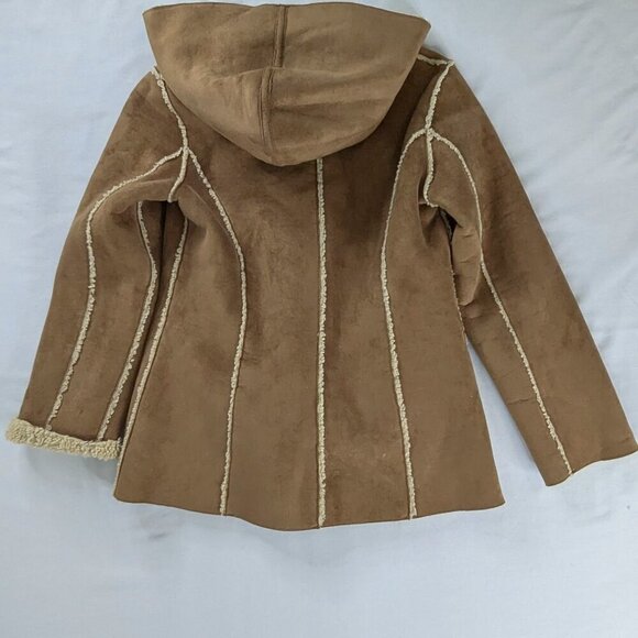 Tan Brown Sherpa Lined Faux Suede Toggle Closure Hooded Coat - Picture 2 of 6
